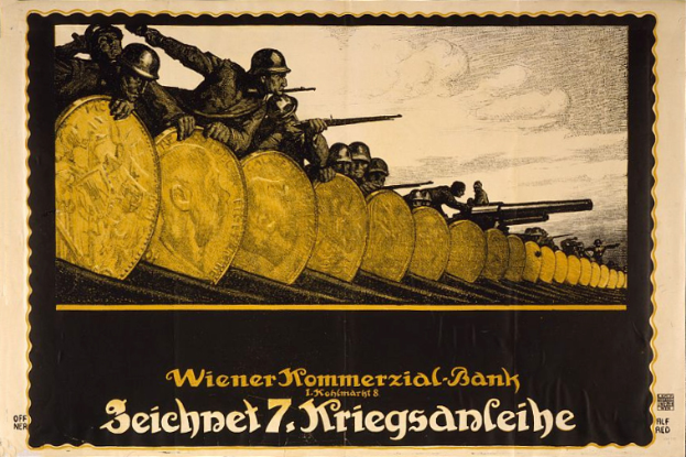 Eine Gruppe von Helmetträgern mit Waffen, mit dem Text "Wiener Kommerzialbank" unten auf einem deutschen Propagandaplakat der deutschen Armee während des Zweiten Weltkriegs.