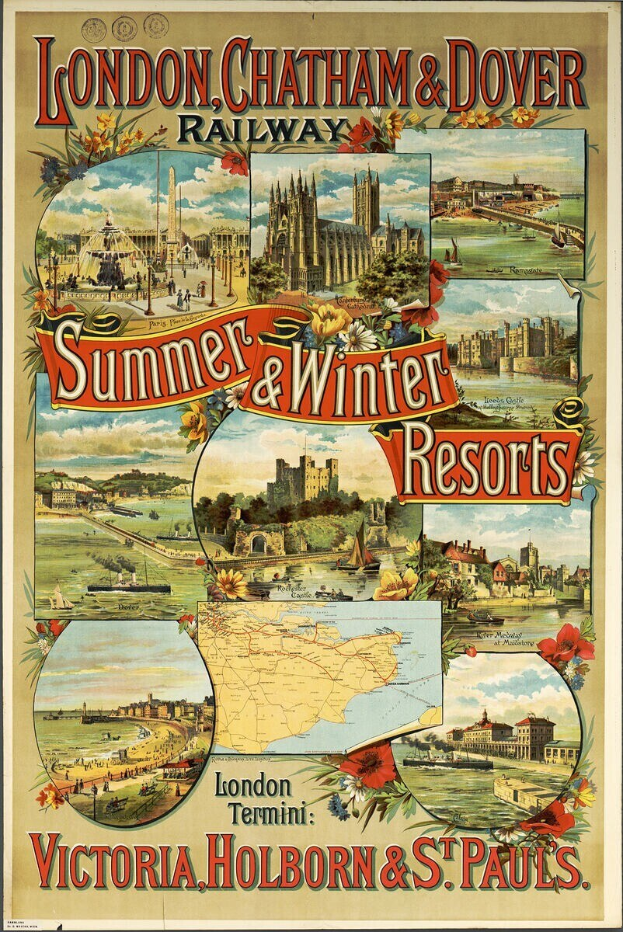 Plakat, das London, Chatham und Dover Railway's Sommer- und Winterresorts bewirbt, zeigt Bilder von Gebäuden, Bäumen, Blumen, eine Karte und beschreibenden Text.