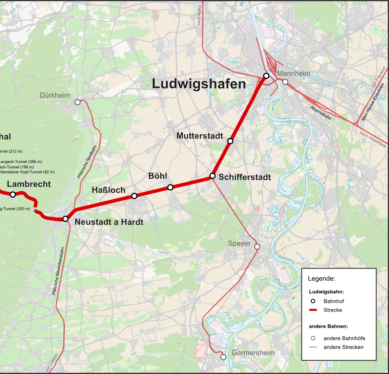 Karte von Ludwigshafen, Deutschland, mit einer roten Linie, die die Bahnroute markiert, und Text, der weitere Details wie Länge, Entfernung und Sehenswürdigkeiten angibt.