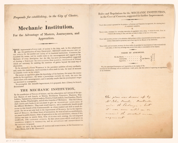 Offenes Buch mit dem Titel "Mechanische Institution, zum Vorteil von Meistern, Gesellen und Lehrlingen", wahrscheinlich ein Vorschlag zur Gründung einer mechanischen Institution.