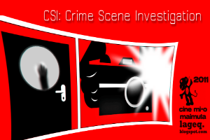 Ein rotes Plakat mit 'CSI Crime Scene Investigation' in weißer Fettschrift, das eine Person in einer schwarzen Kapuzenjacke mit entschlossener Miene zeigt, umgeben von einem schwarzen und weißen Rand, vor einem dunklen blauen Hintergrund.