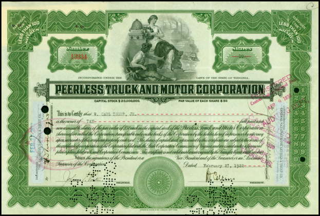 Schwarzes Aktienzertifikat für Peerless Truck & Motor Corporation mit zwei Personen und gedrucktem Text.