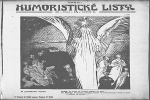 Ein schwarz-weißes Plakat mit einer Gruppe von Menschen, die auf einen Vogel schauen, mit der Aufschrift "humoristische liste - april 1921" in fetter Schrift.