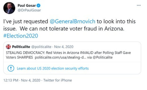 Ein Screenshot von Paul Gosars Twitter-Profil mit seinem Foto und dem Text "Wir können keine Wahlfälschung in Arizona dulden."
