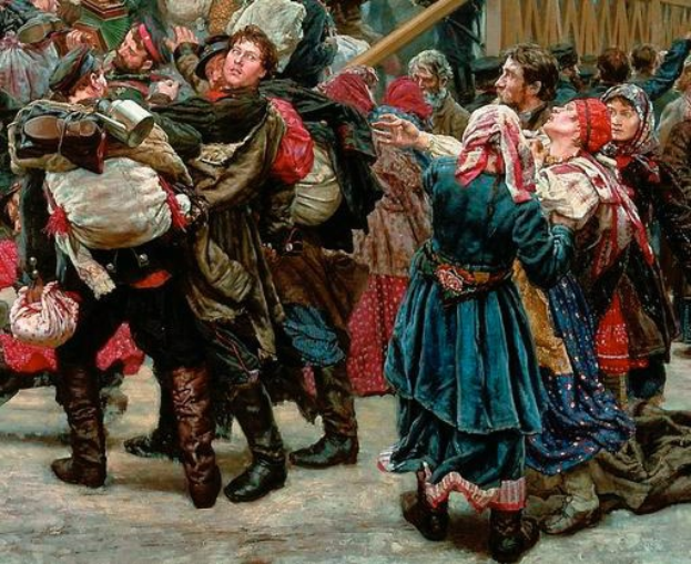 Gemälde, das eine festliche Szene von Menschen zeigt, die in traditioneller russischer Kleidung während der russischen Revolution tanzen, wobei einige Gegenstände halten, vor einem Holzhaus und einer Menge.