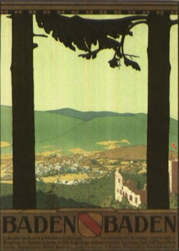 Ein Vogel sitzt auf einem Ast mit Gebäuden und Hügeln im Hintergrund, unter einem klaren blauen Himmel, mit Text, der Baden-Württemberg, Deutschland, bewirbt.