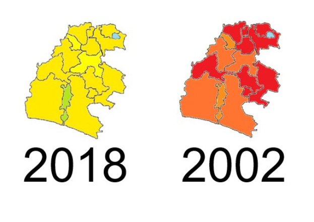 Karte von Deutschland, die die provinziellen Grenzen von 2002 und 2018 mit hervorgehobenen Regionen in Gelb, Rot und Orange auf einem weißen Hintergrund anzeigt.