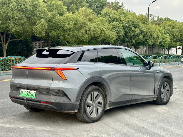 Ein grauer Tesla Model X steht auf der Seite einer Straße in China, mit Geländern, Laternenpfählen, Bäumen, Gebäuden und einem klaren blauen Himmel im Hintergrund.