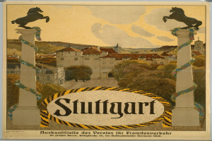 Ein Plakat, das Stuttgart, Deutschland, bewirbt und zwei Pferde zeigt, die auf zwei Säulen stehen und von Gebäuden, Bäumen und einem Himmel umgeben sind, mit Text darauf.