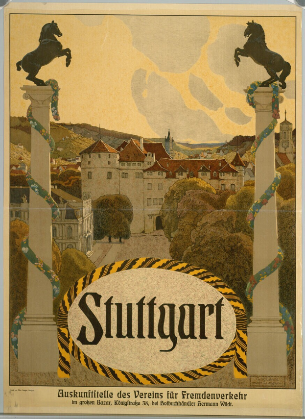 Ein Plakat, das Stuttgart, Deutschland, bewirbt und zwei Pferde zeigt, die auf zwei Säulen stehen und von Gebäuden, Bäumen und einem Himmel umgeben sind, mit Text darauf.