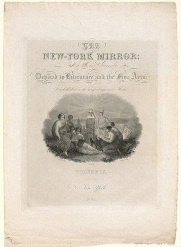 Ein Blatt mit einer Zeichnung von Menschen in traditioneller Kleidung, die den Text "The New York Mirror: Devoted to Literature and the Fine Arts" bewundern, in einem dekorativen Rahmen auf einem hellblauen Hintergrund.