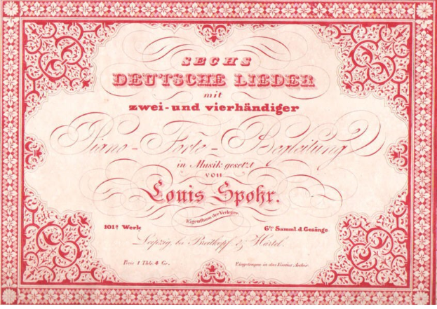 Altes deutsches Wertpapier mit rotem Rand und weißem Hintergrund, betitelt mit 'Louis Spohr - Zweites Deutsches Lieder'.