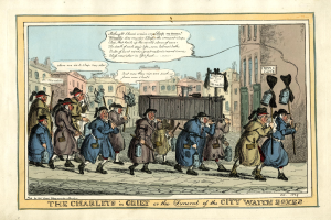 Eine Karikatur einer Gruppe von Menschen, die eine Straße entlanggehen, einige halten Gegenstände, mit Gebäuden und Himmel im Hintergrund und Text unten, der lautet "Die Charlies in Trauer oder die Beerdigung der Stadtwache-Kästen".