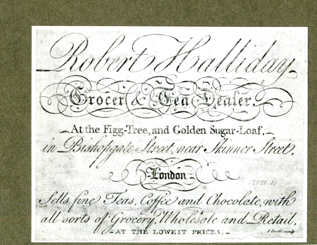 Papierbeleg mit der Aufschrift "Robert Halliday Grocer & Tea Dealer", der darauf hinweist, dass er von Robert Hallidays Lebensmittel- und Teehandel stammt.