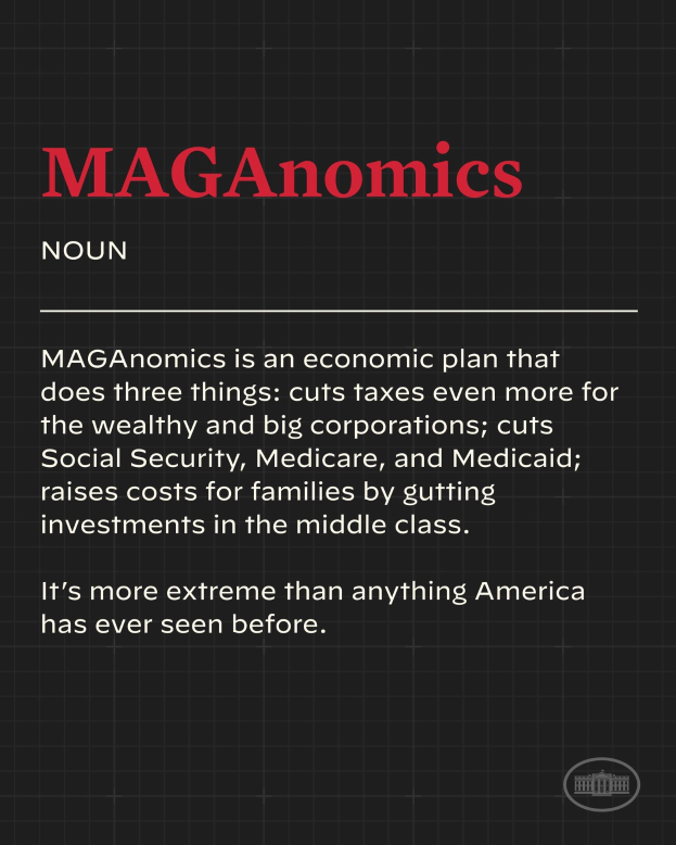 Plakat mit fettem schwarzem Text auf weißem Hintergrund, eingerahmt von einem schmalen schwarzen Rand, das besagt "Maganomics: Ein Wirtschaftsplan, der drei Dinge tut: Senkt Steuern für Wohlhabende und große Unternehmen noch weiter."