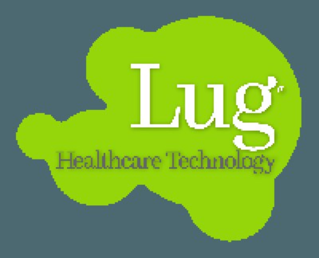 Das Bild zeigt das 'lug healthcare technology'-Logo in der Mitte eines weißen Hintergrunds mit schwarzer Schrift in einem blauen und weißen Kreis.