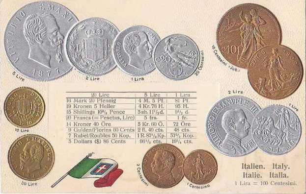 Italienisches Geldstück mit einer Reihe von 1877-1910-Münzen, darunter mehrere 20-Lire-Stücke, mit Porträts und Text sowie zwei Flaggen darunter, darunter die italienische Flagge.