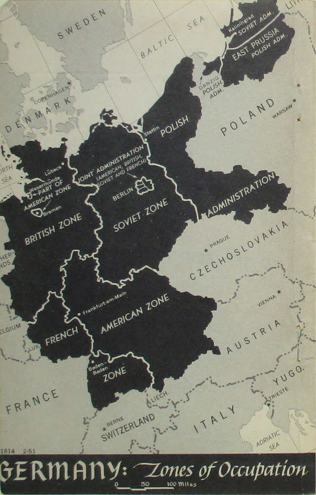 Farbiges Deutschland-Karte nach dem Zweiten Weltkrieg mit Beschriftung von Städten und geografischen Merkmalen.